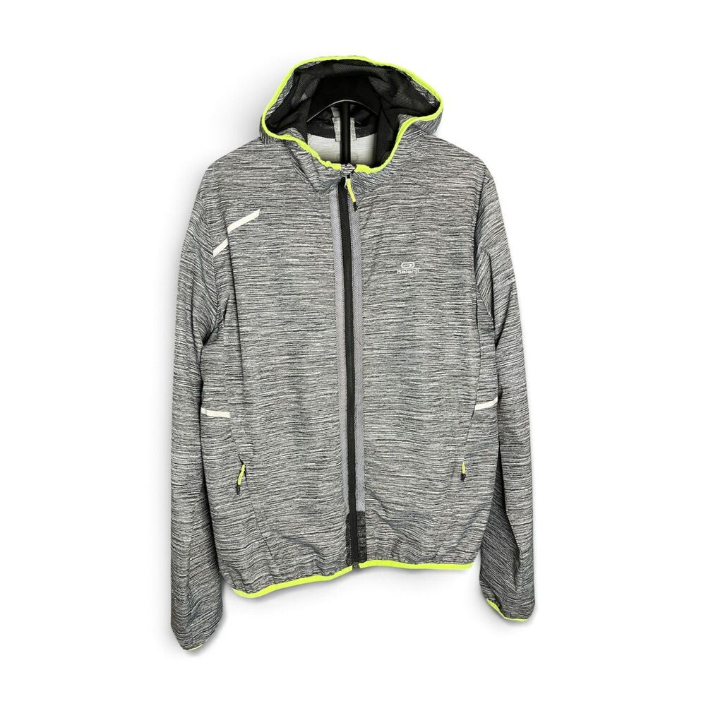 Decathlon Kalenji Men XL Running Rain Jacket Gray Neon Reflective Hooded